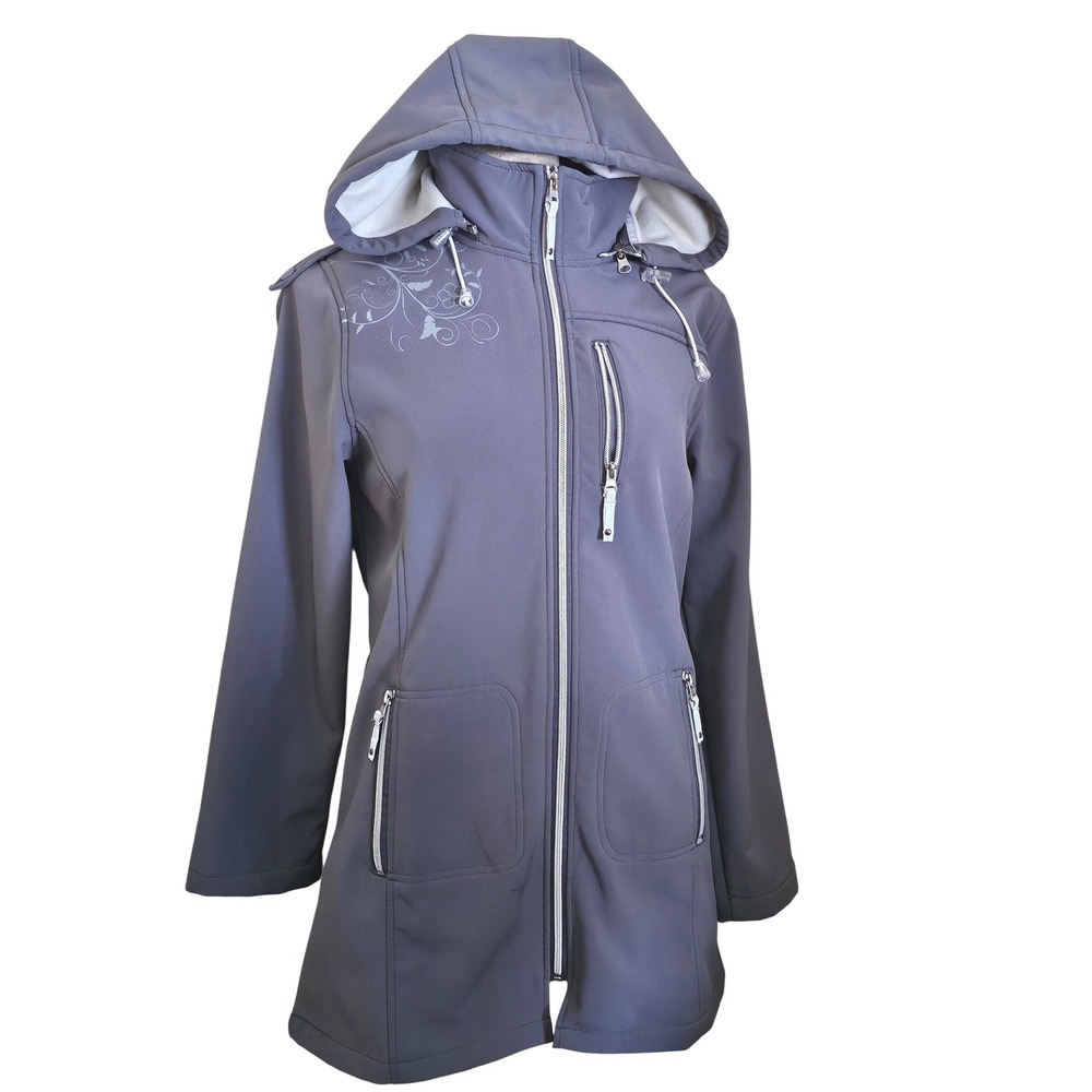Emotions Womens Softshell Hooded Jacket‎ Floral Embroidery Full Zip Gray Size S